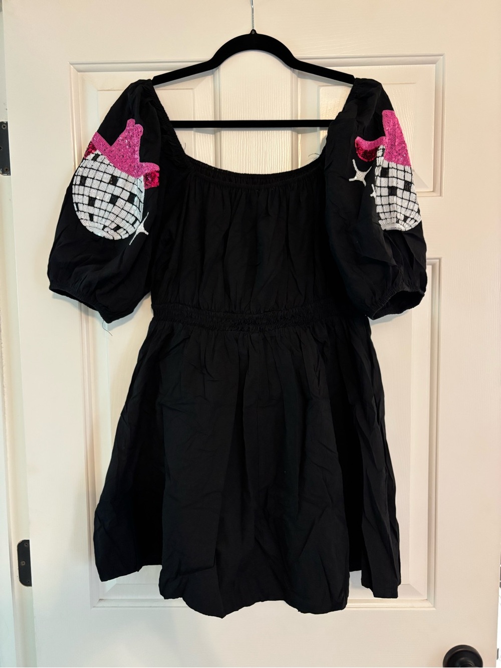 Fantastic Fawn Black Mini Dress with Pink Sequin Disco Sleeve Embellishments